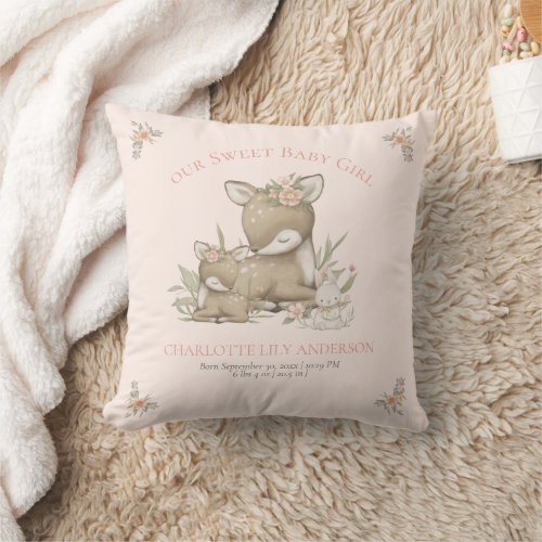 Deer Woodland Baby Girl Birth Stats Nursery Decor Throw Pillow