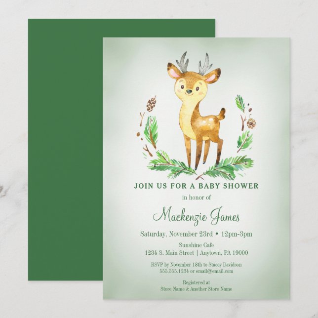 Deer Woodland Baby Shower Invitation Green (Front/Back)