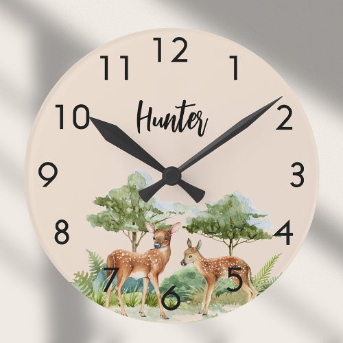 Deer woodland forest animals beige nursery round clock