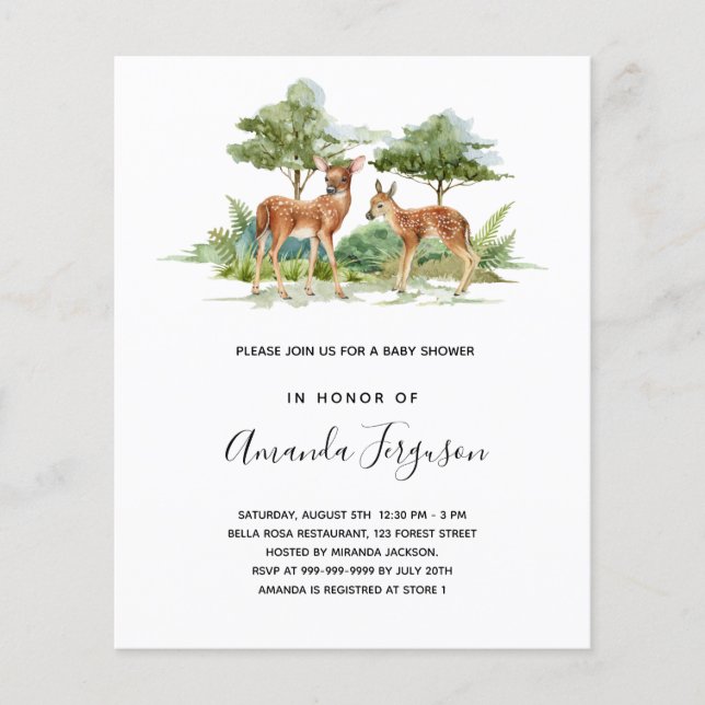 Deer woodland forest budget baby shower invitation (Front)