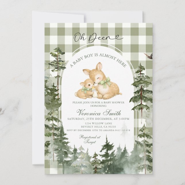 Deer Woodland Gingham Baby  Shower Invitation (Front)