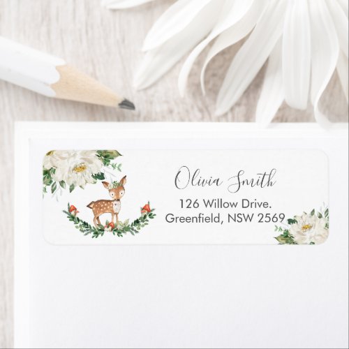 Deer Woodland Ivory White Floral Return Address Label