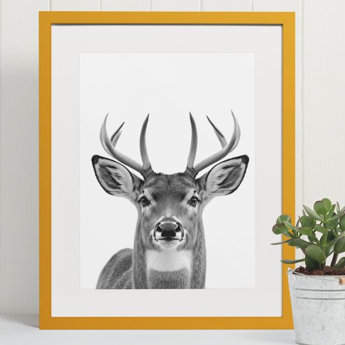 Deer Woodland Modern Portrait black white   Poster