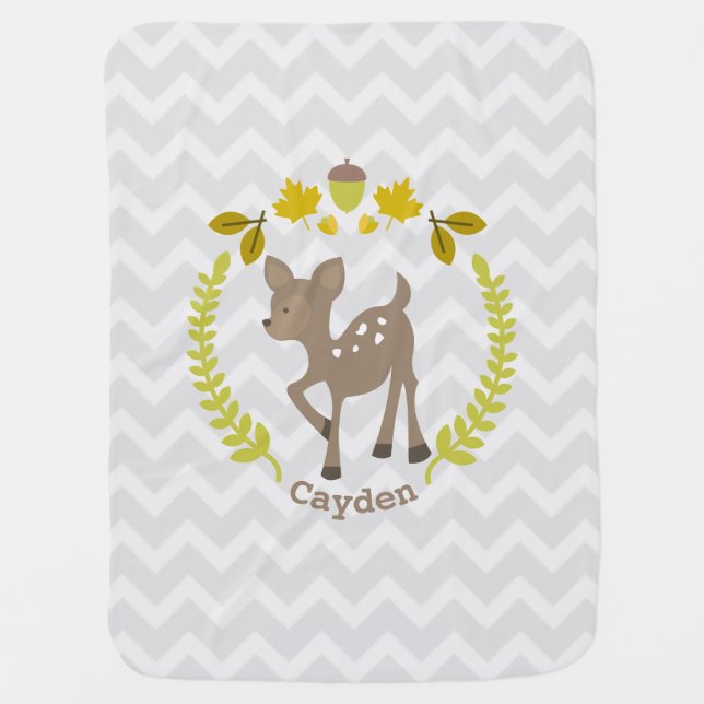 Deer Wreath Gray Chevron Baby Blanket - Boy (Front)