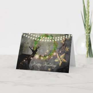 Deer, Wreath, Lights and Stars Happy Holidays Holiday Card