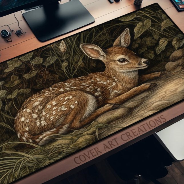 Deer, Young Whitetail Fawn Resting, William Morris Desk Mat (Creator Uploaded)