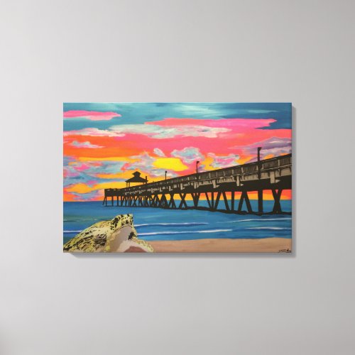 Deerfield Beach Pier Pop painting on a wrapped ca Canvas Print