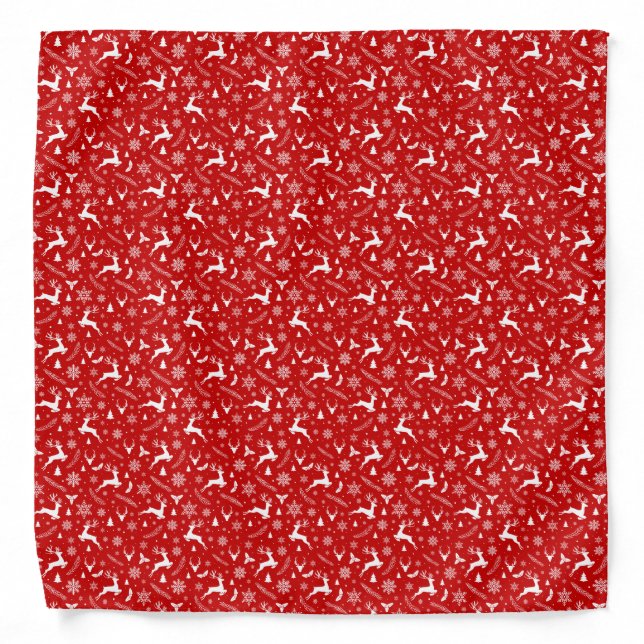 Deers and Snowflakes Red & White Christmas Pattern Bandana (Front)