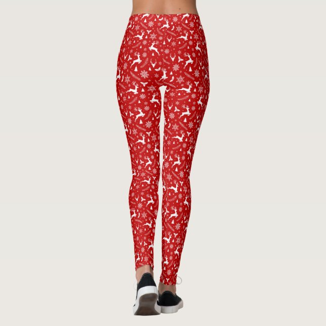 Deers and Snowflakes Red & White Christmas Pattern Leggings (Back)