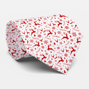 Deers and Snowflakes White & Red Christmas Pattern Neck Tie