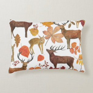 Deers, autumn leaves: watercolor pattern. accent pillow