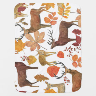 Deers, autumn leaves: watercolor pattern. baby blanket