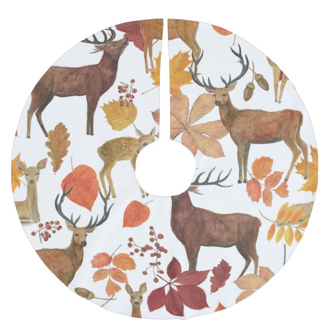 Deers, autumn leaves: watercolor pattern. brushed polyester tree skirt (Front)