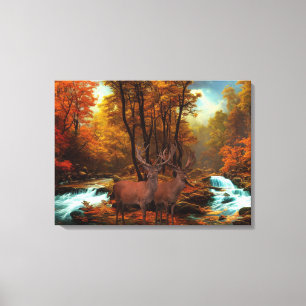 Deers By A Woodland Stream Canvas Print