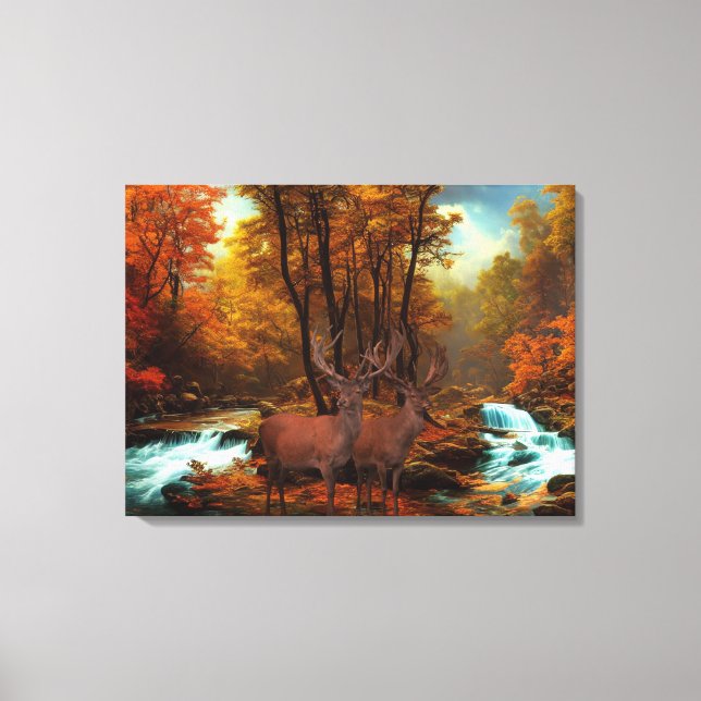 Deers By A Woodland Stream  Canvas Print (Front)