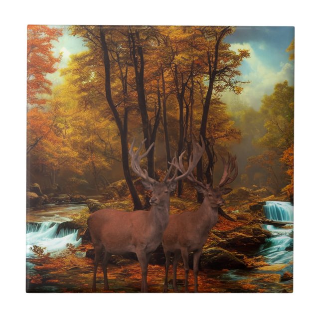 Deers By A Woodland Stream Ceramic Tile (Front)