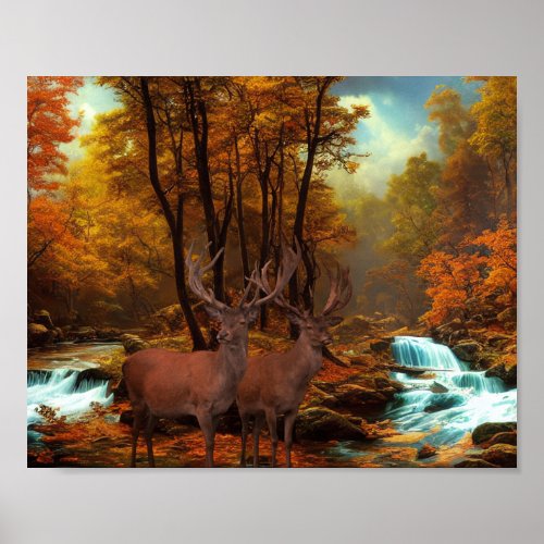 Deers By A Woodland Stream Poster