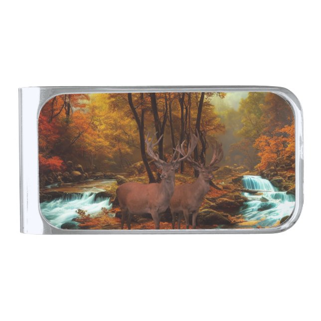 Deers By A Woodland Stream Silver Finish Money Cli Silver Finish Money Clip (Front)