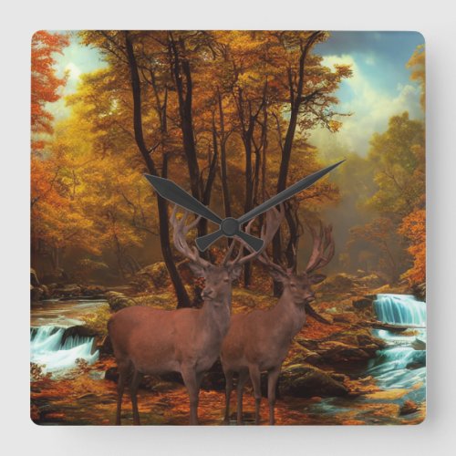Deers By A Woodland Stream Square Wall Clock