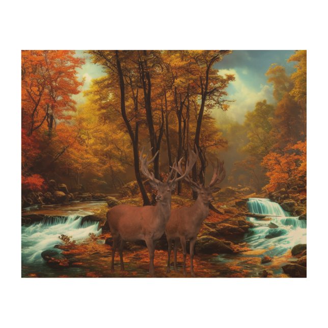 Deers By A Woodland Stream Wood Wall Art (Front)