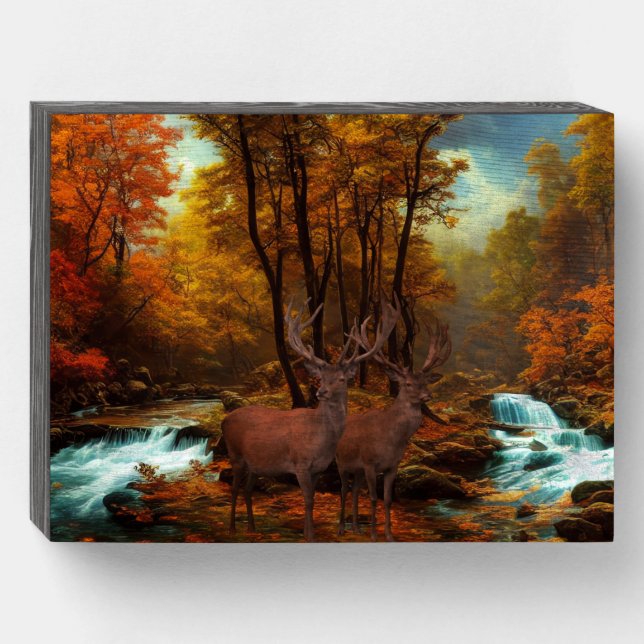Deers By A Woodland Stream  Wooden Box Sign (Front Horizontal)