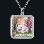 Deers in Forest Unique Art Silver Plated Necklace<br><div class="desc">Beautiful image of deers in a forest in the style of layered paper to look 3D. This is a flat printed image no layers or 3D used.</div>