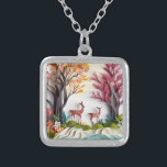 Deers in Forest Unique Art Silver Plated Necklace<br><div class="desc">Beautiful image of deers in a forest in the style of layered paper to look 3D. This is a flat printed image no layers or 3D used.</div>