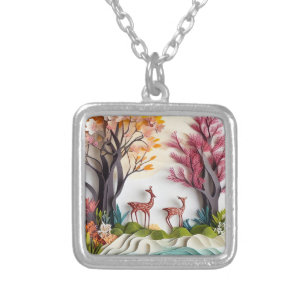 Deers in Forest Unique Art Silver Plated Necklace
