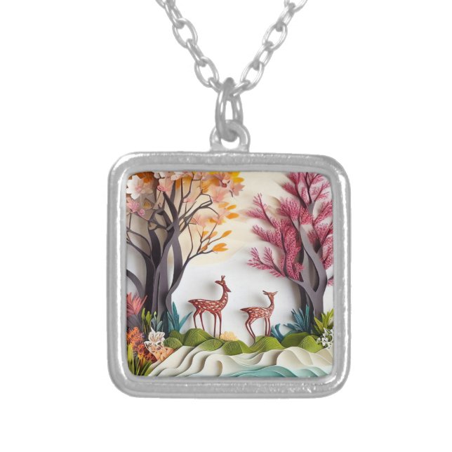 Deers in Forest Unique Art Silver Plated Necklace (Front)