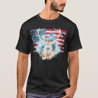 Deers With America Flag Western 4Th Of July Huntin T-Shirt