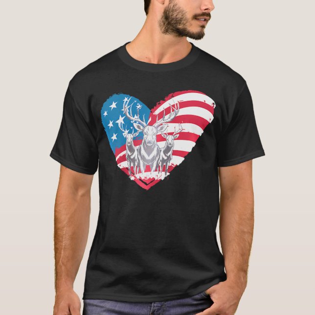Deers With America Flag Western 4Th Of July Huntin T-Shirt (Front)