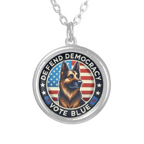 Defend Democracy _ Vote Blue _ German Shepherd Silver Plated Necklace