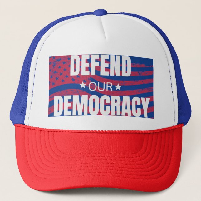 Defend Our Democracy Tri-Color Trucker Hat (Front)
