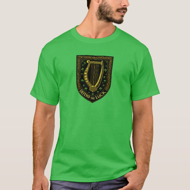 Defend the Luck Irish Harp Shield Design T-Shirt (Front)