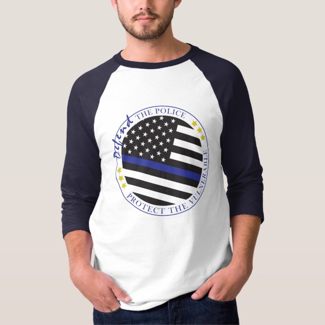 Defend the Police, Blue Line American Flag T-Shirt (Front)