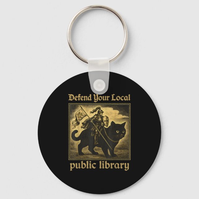 Defend Your Local Public Library Cat Knight Tee  Keychain (Front)