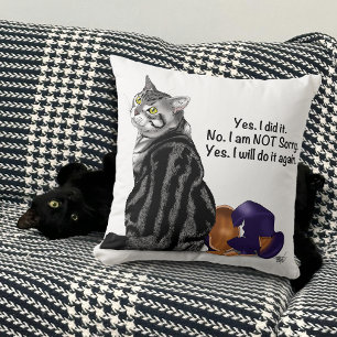 Defiant No Remorse Tabby Cat Funny Throw Pillow