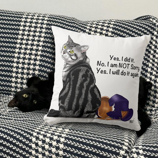 Defiant No Remorse Tabby Cat Funny Throw Pillow (Creator Uploaded)