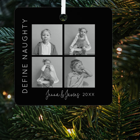 Define Naughty | 4 Photo Collage Christmas Tree Metal Ornament