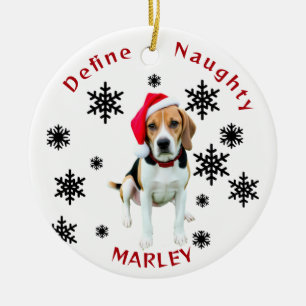 Define Naughty Beagle Dog Santa Hat Ornament