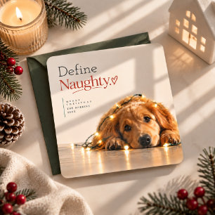 Define Naughty Cozy Dog Photo Christmas Card