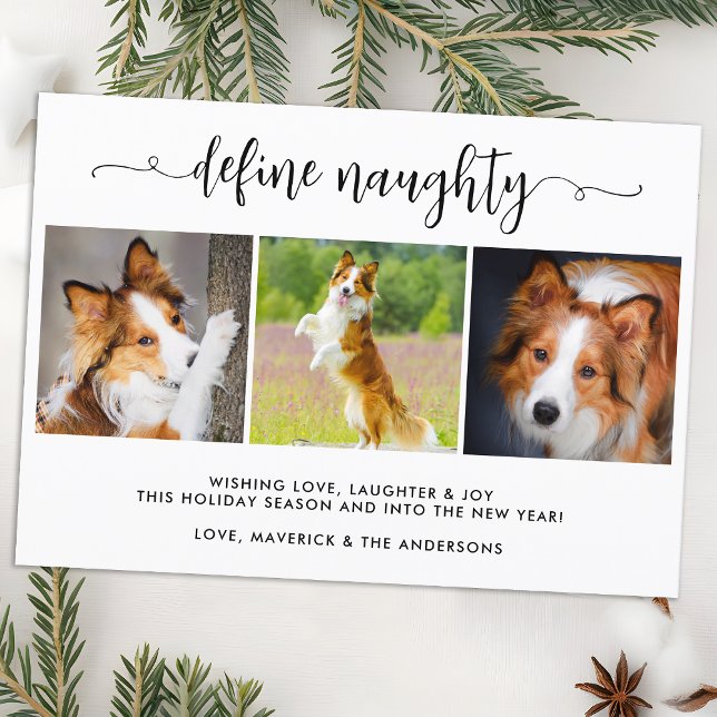 Define Naughty Personalized Funny 3 Pet Photos Holiday Card (Creator Uploaded)