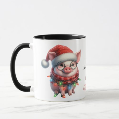 Define Naughty Pig Tangled in Christmas Lights Mug