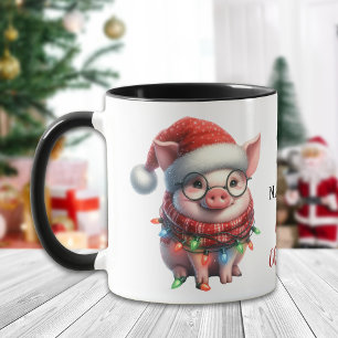 Define Naughty Pig Tangled in Christmas Lights Mug