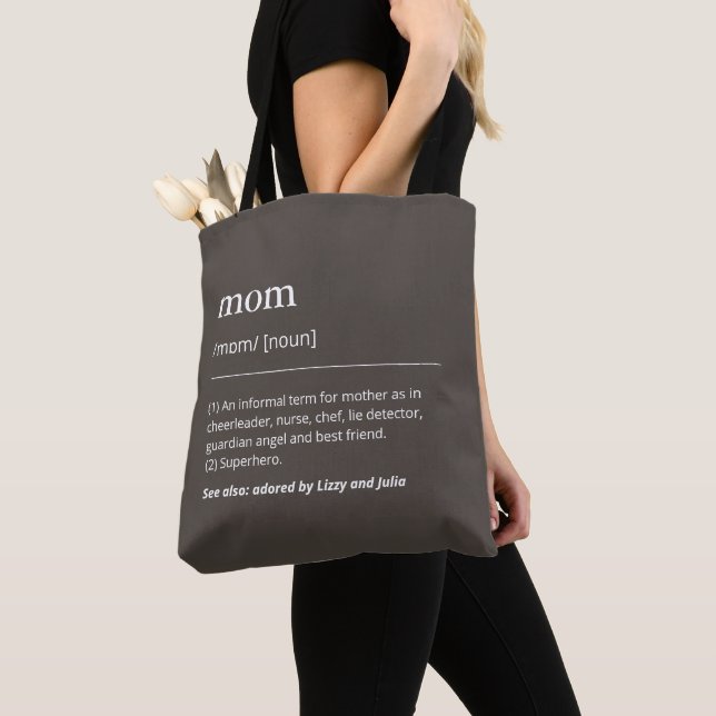 Definition of mom with kids names modern taupe tote bag (Close Up)