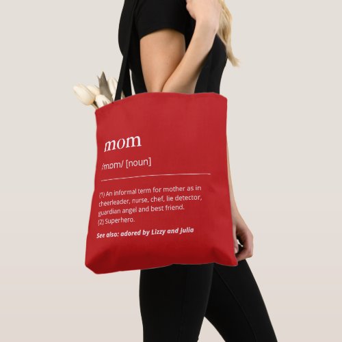 Definition of mom with kids names stylish red tote bag