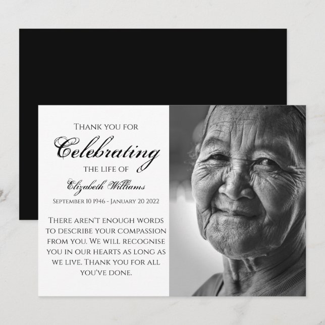 Deft Black Calligraphy Celebration of Life Funeral Thank You Card (Front/Back)