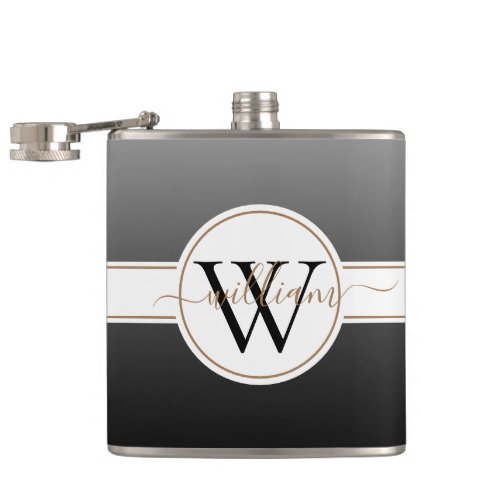 Degrade Black and White Monogram Gold Initial Name Flask