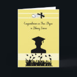 Degree Card in Library Science with Male Grad.<br><div class="desc">Degree card in Library Science (the colors of your degree,  lemon yellow) with a silhouette of a graduate with a diploma and graduates throwing their caps in the air.
Perfect card for the purpose.  Thanks to the hungryjpeg for some of the purchased elements in the design.</div>