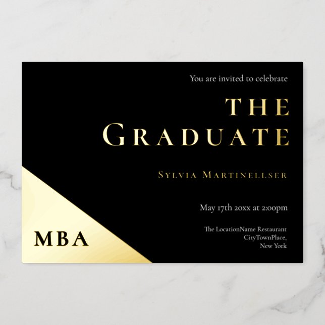 Degree Gold Black MBA Graduation Party  Foil Invitation (Front)